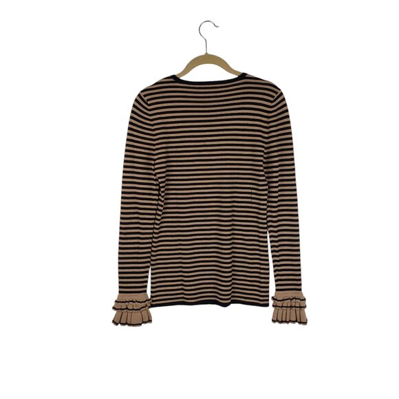Nanette Lepore Merino Wool Sweater Black Tan Stripes Ruffle Cuffs Size Small - Picture 2 of 6